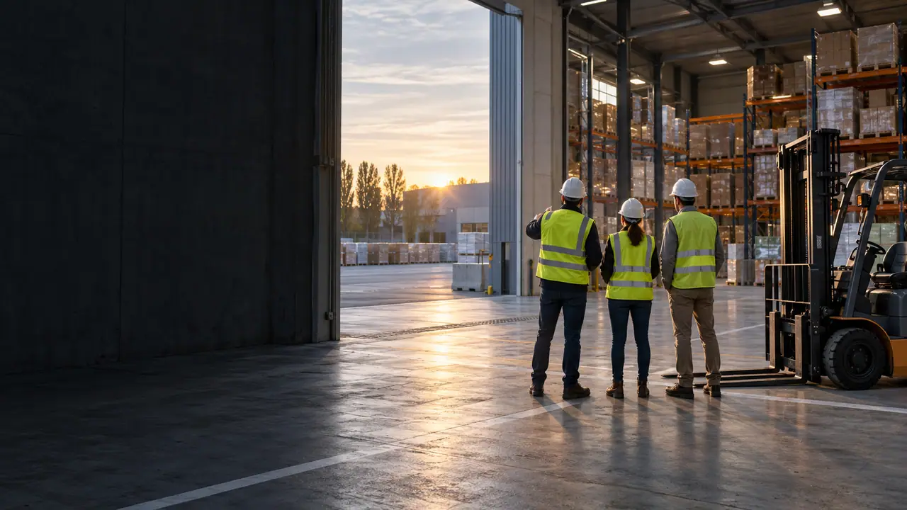 Équipe logistique de dos devant un entrepôt au lever du jour